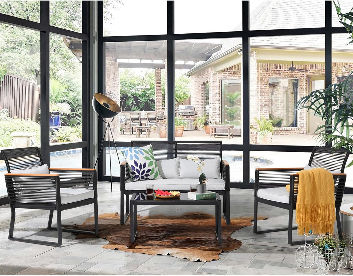 4 Piece Outdoor Wicker Patio Conversation Set With Light Grey Cushions