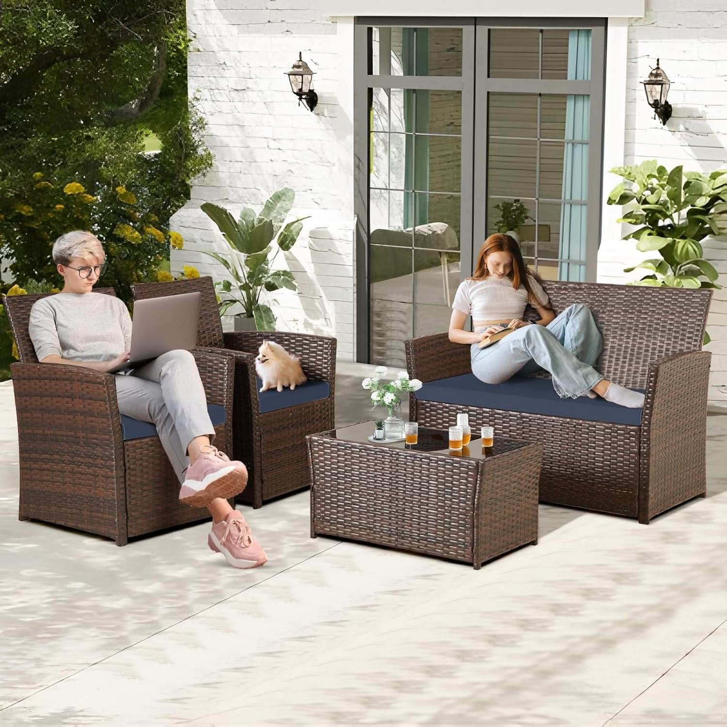 4 Piece Outdoor Wicker Patio Furniture Set Brown Blue