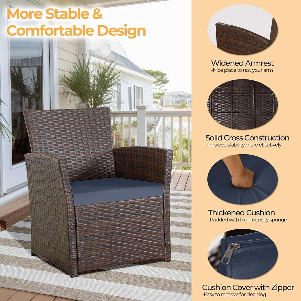 4 Piece Outdoor Wicker Patio Furniture Set Brown Blue