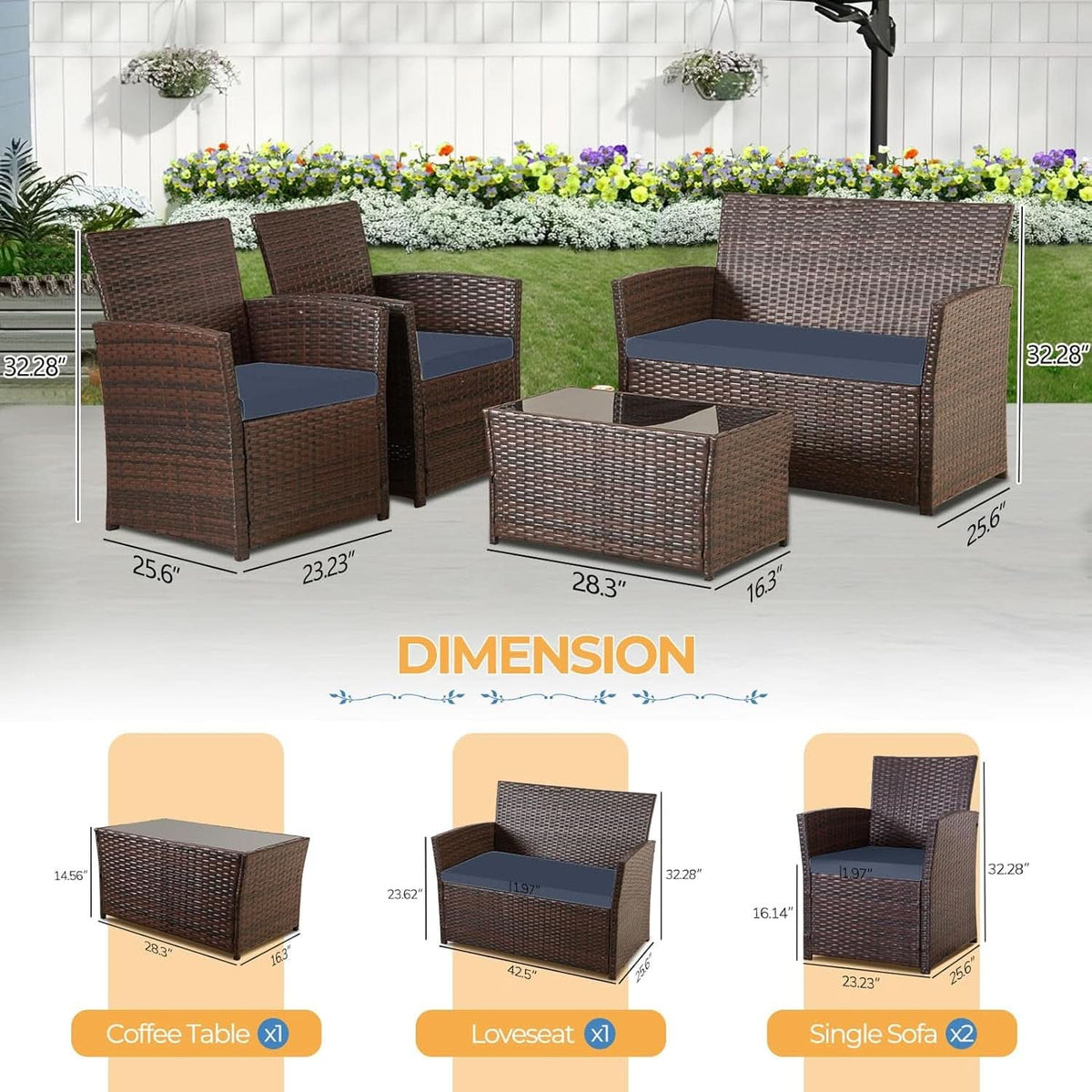 4 Piece Outdoor Wicker Patio Furniture Set Brown Blue