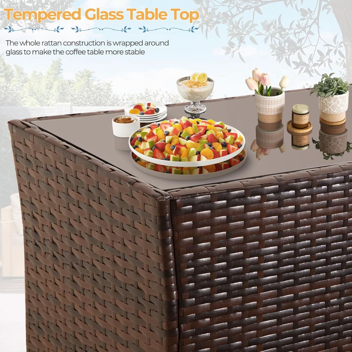 4 Piece Outdoor Wicker Patio Furniture Set Brown Blue