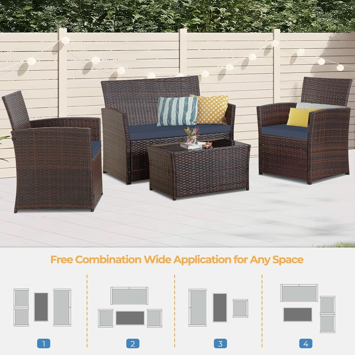 4 Piece Outdoor Wicker Patio Furniture Set Brown Blue