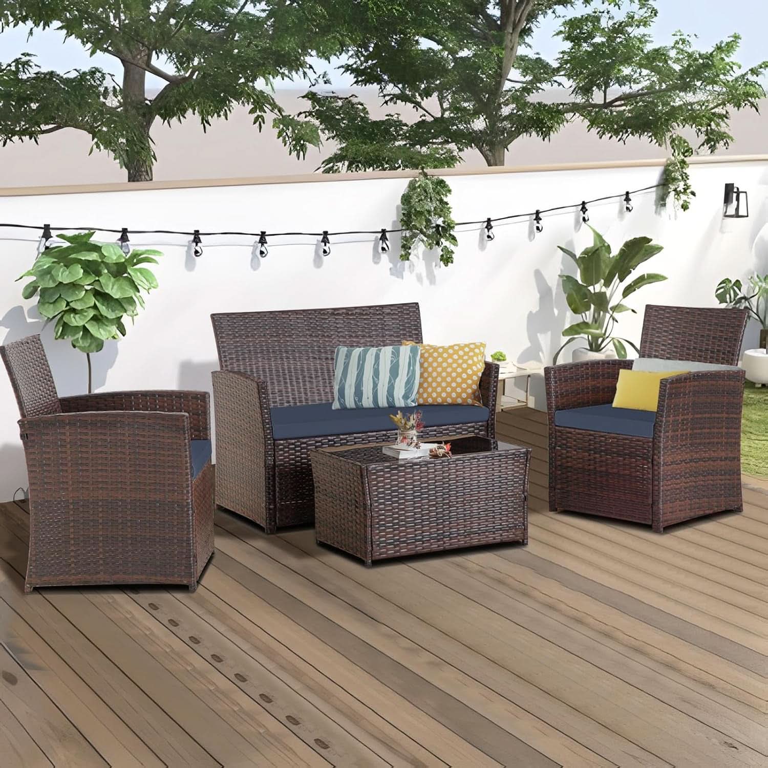 4 Piece Outdoor Wicker Patio Furniture Set Brown Blue