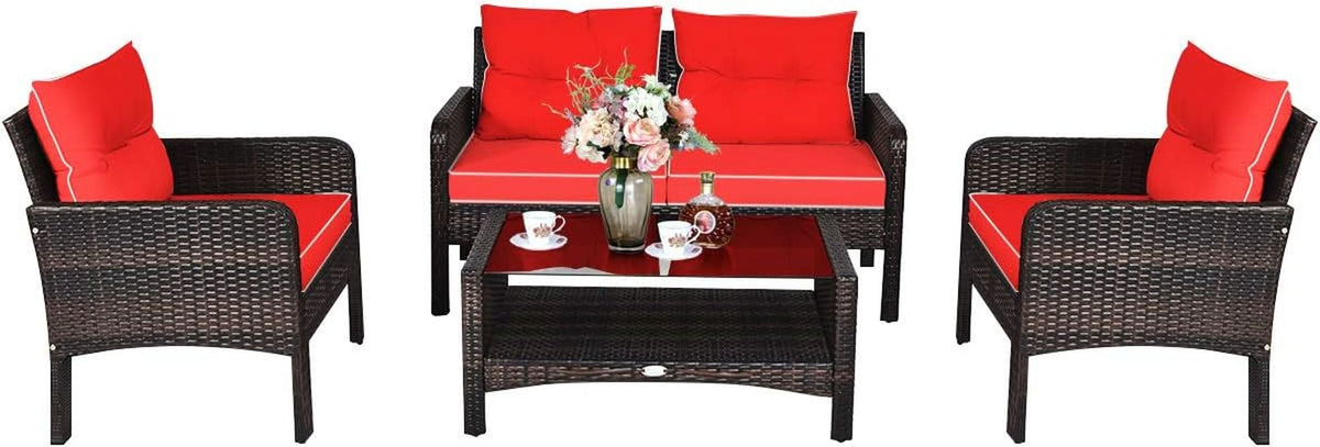 4 Piece Outdoor Wicker Patio Furniture Set with Cushions