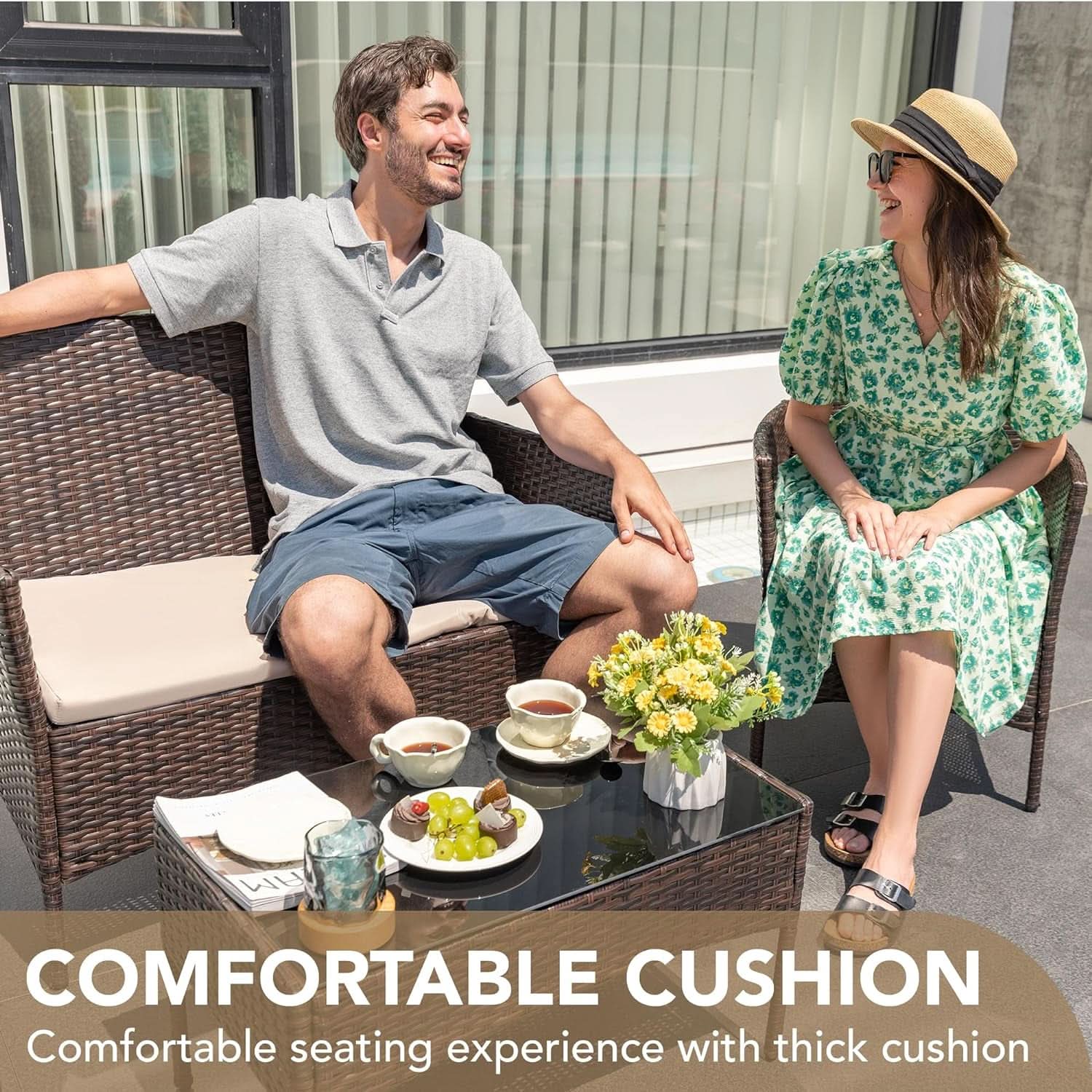4 Piece PE Rattan Patio Furniture Set With Beige Cushions