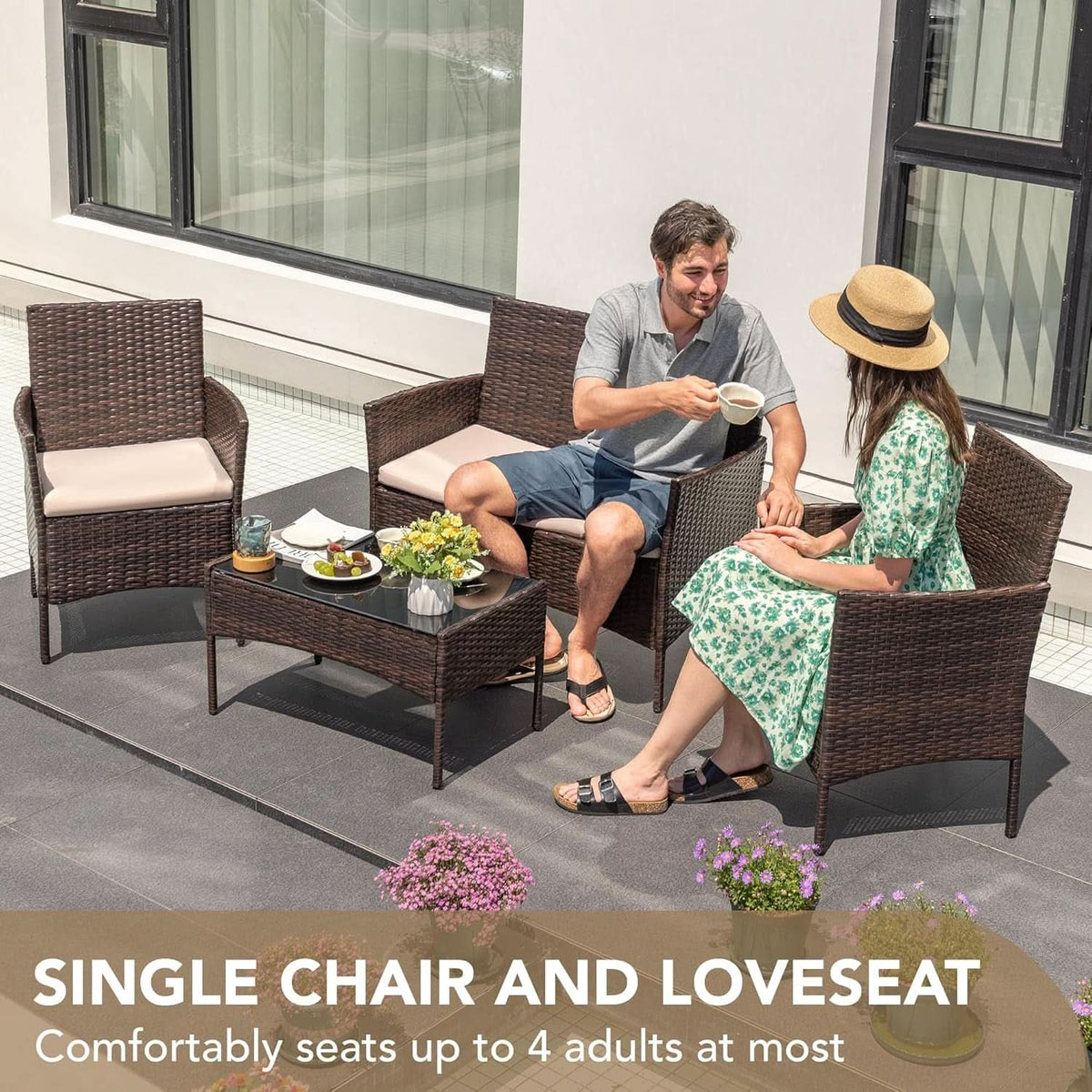 4 Piece PE Rattan Patio Furniture Set With Beige Cushions