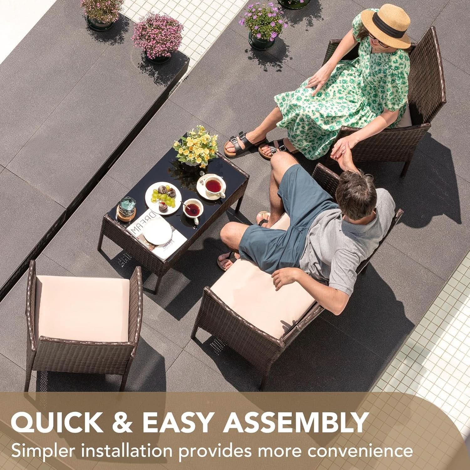 4 Piece PE Rattan Patio Furniture Set With Beige Cushions