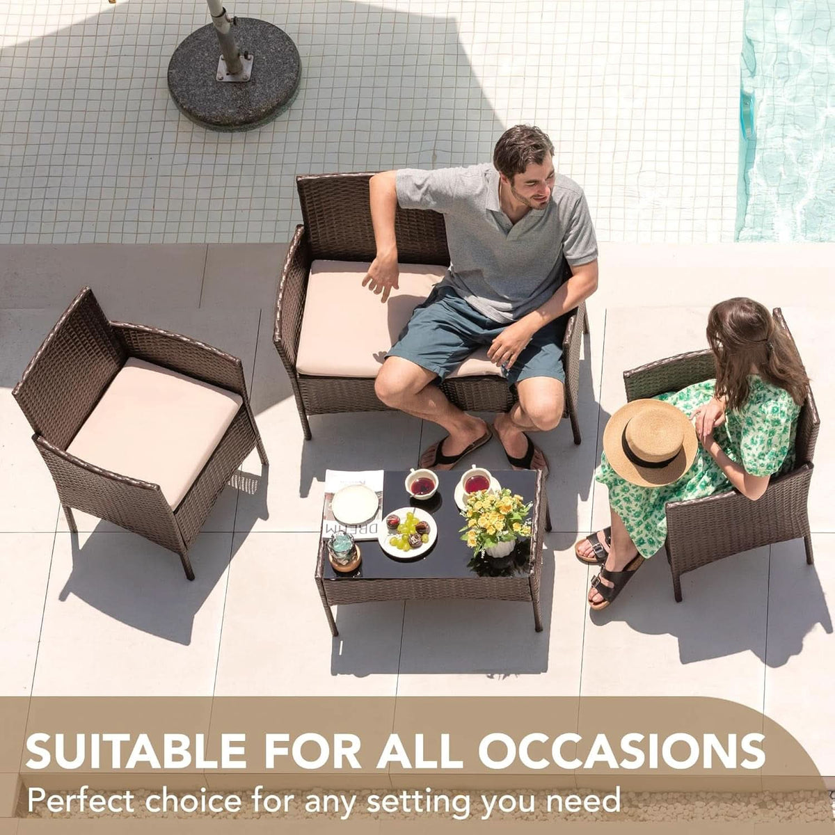 4 Piece PE Rattan Patio Furniture Set With Beige Cushions