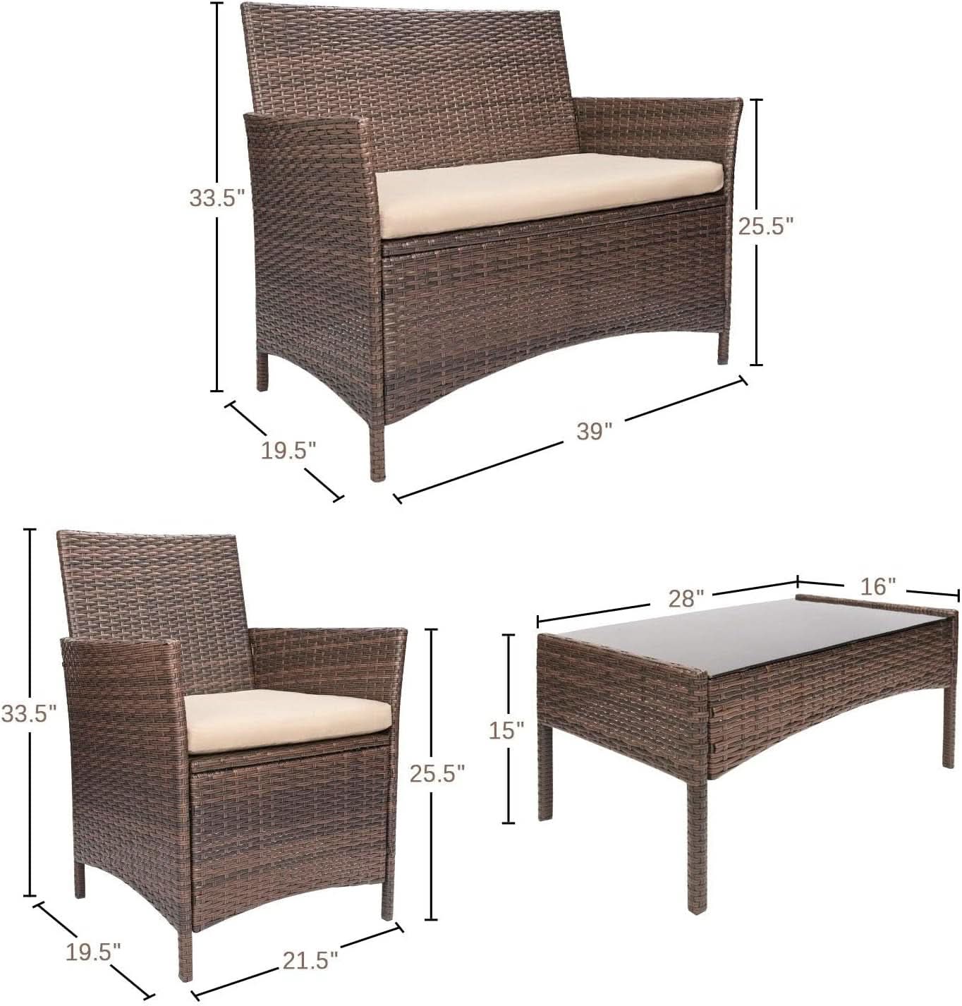 4 Piece PE Rattan Patio Furniture Set With Beige Cushions