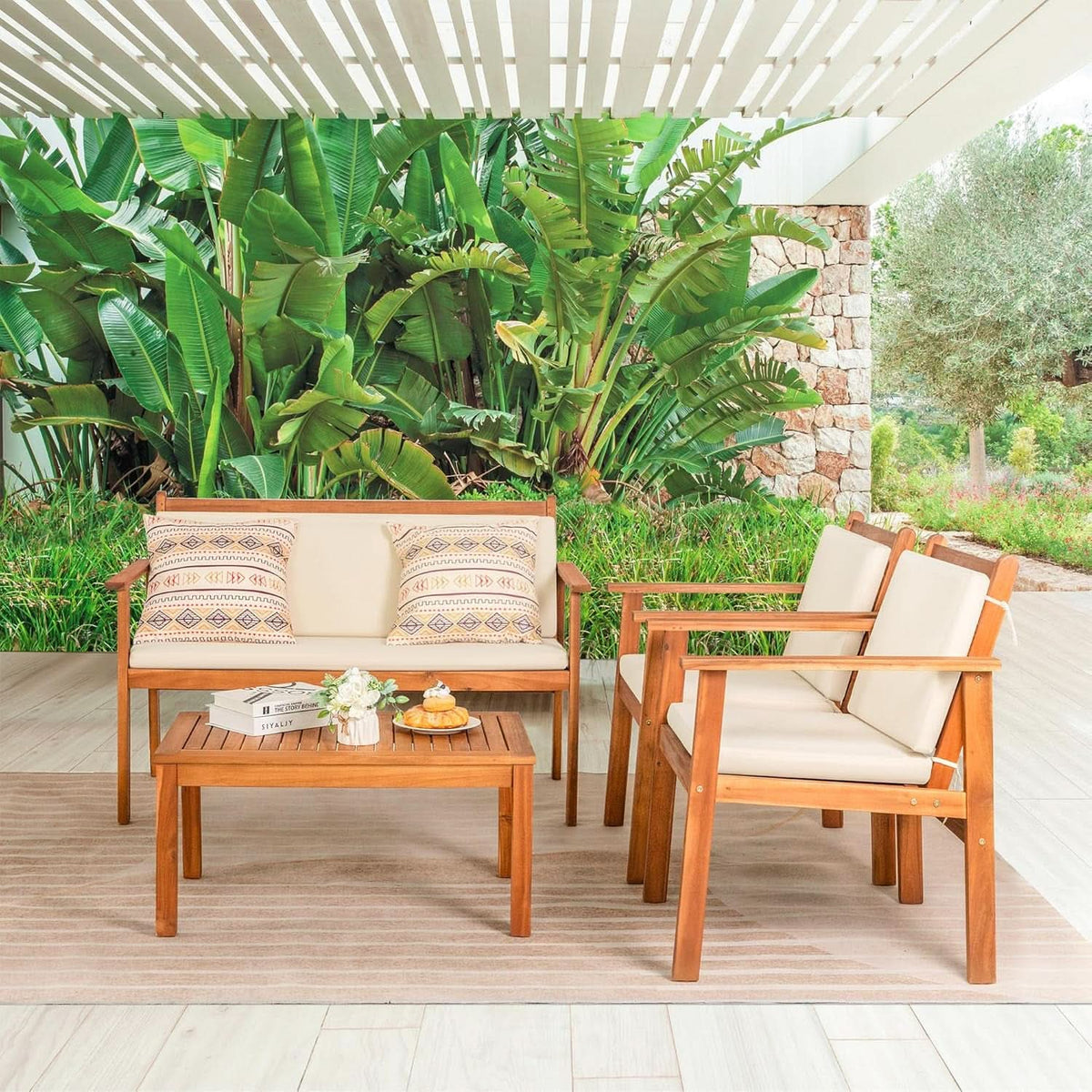 4 Piece Patio Bistro Set With Water Resistant Cushions In Acacia Wood