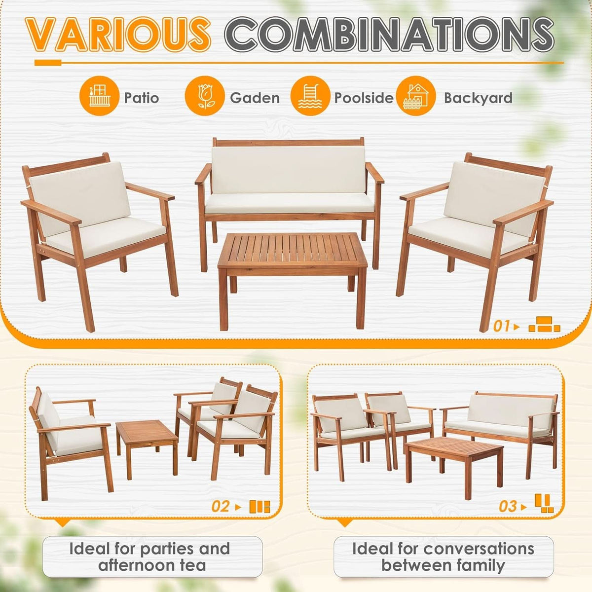4 Piece Patio Bistro Set With Water Resistant Cushions In Acacia Wood