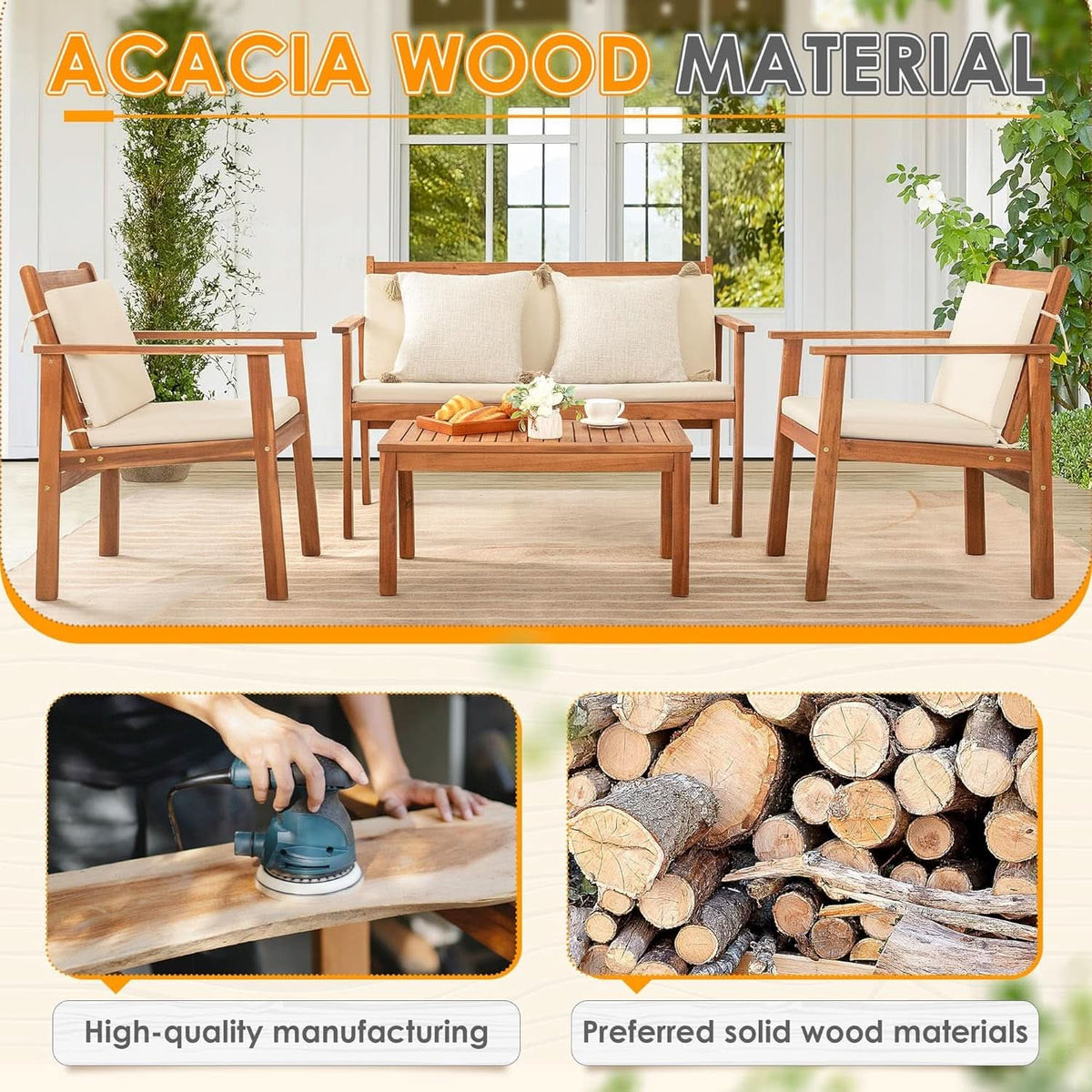 4 Piece Patio Bistro Set With Water Resistant Cushions In Acacia Wood