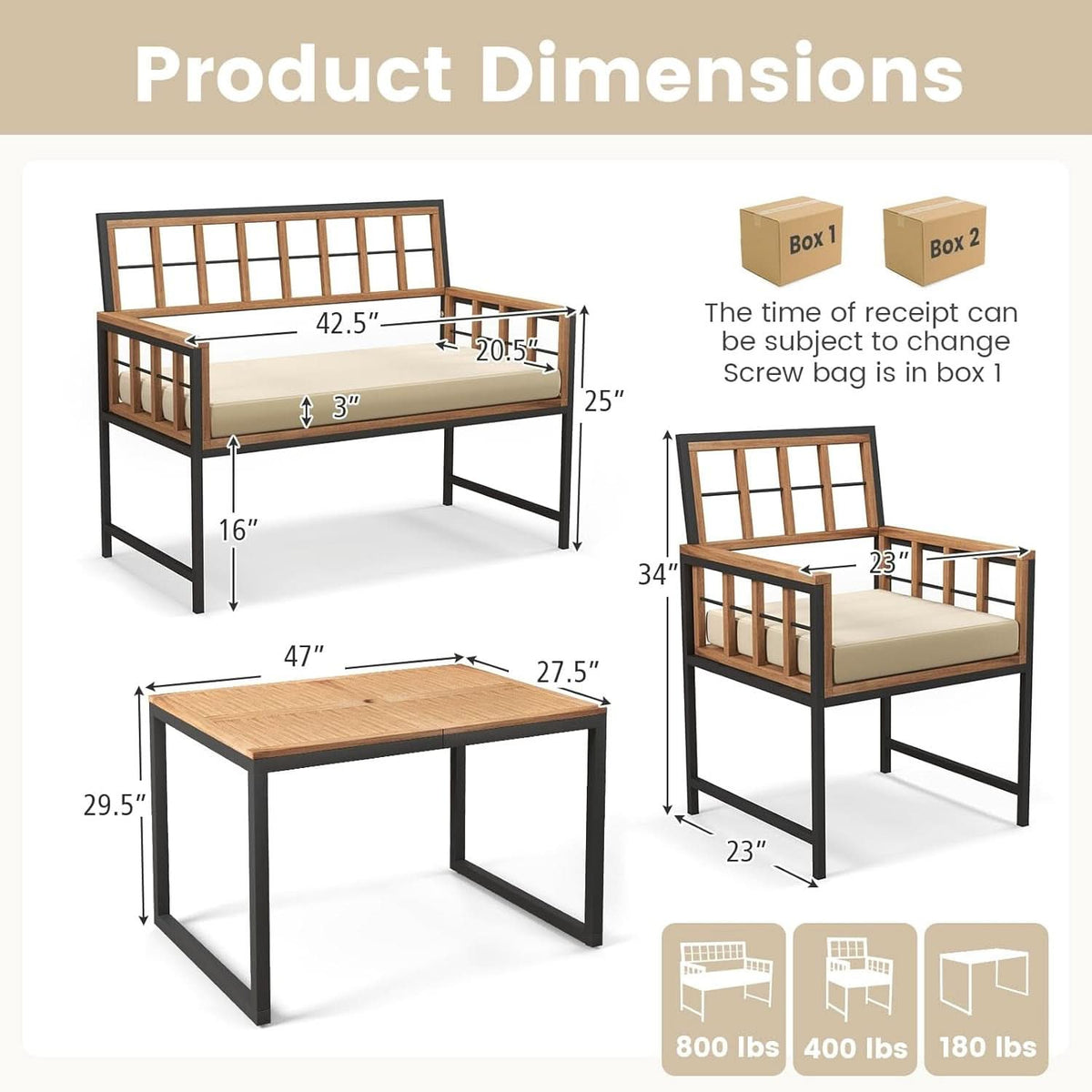 4 Piece Patio Dining Set With 47 Inch Acacia Table