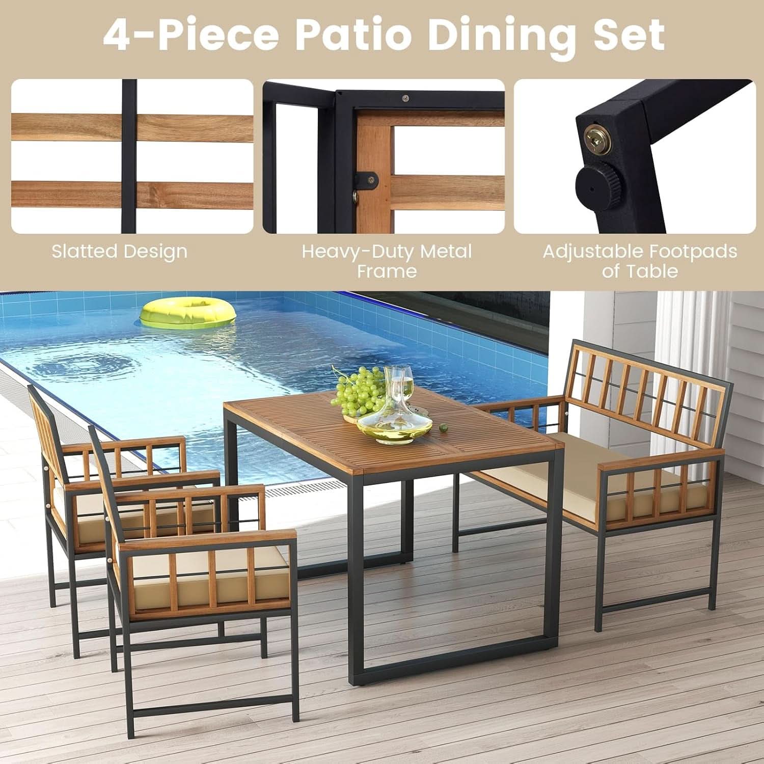 4 Piece Patio Dining Set With 47 Inch Acacia Table