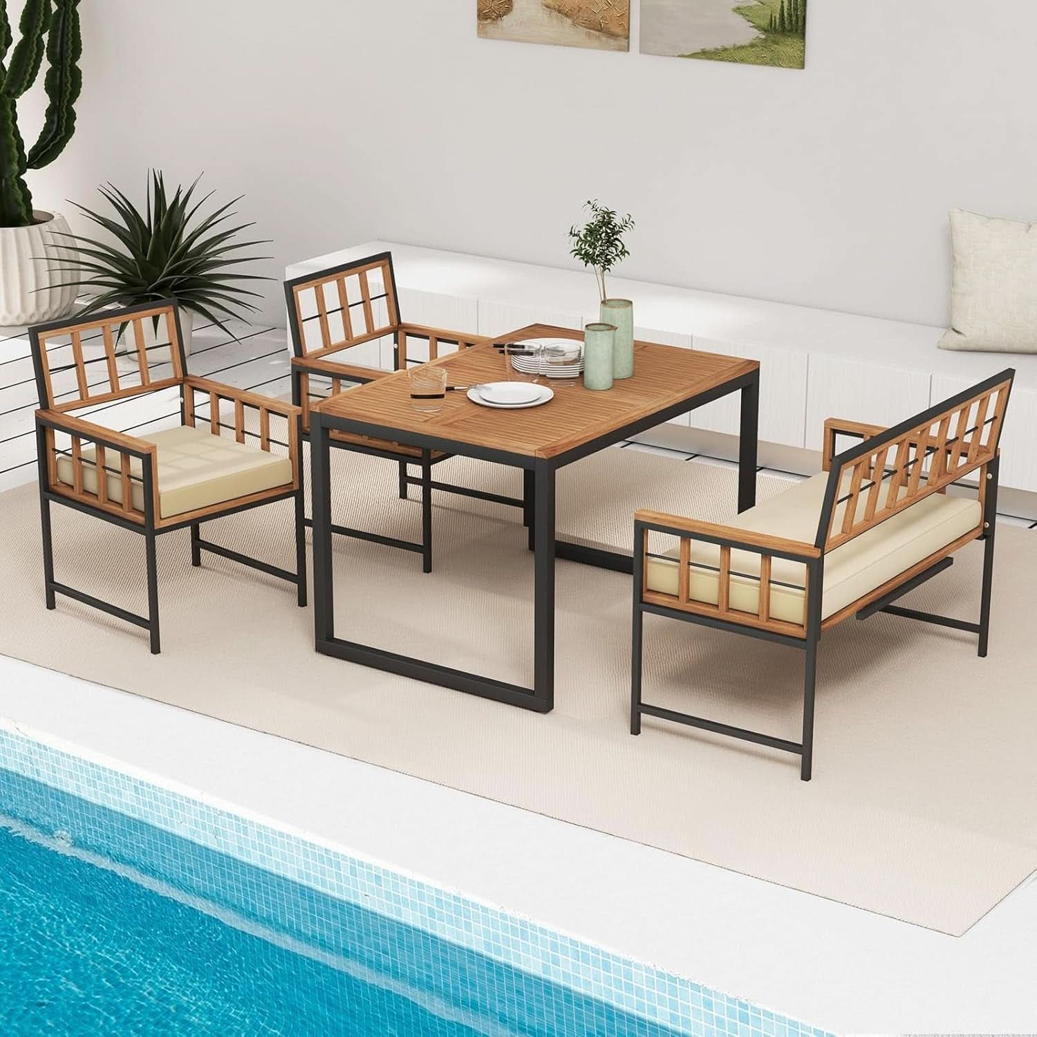 4 Piece Patio Dining Set With 47 Inch Acacia Table