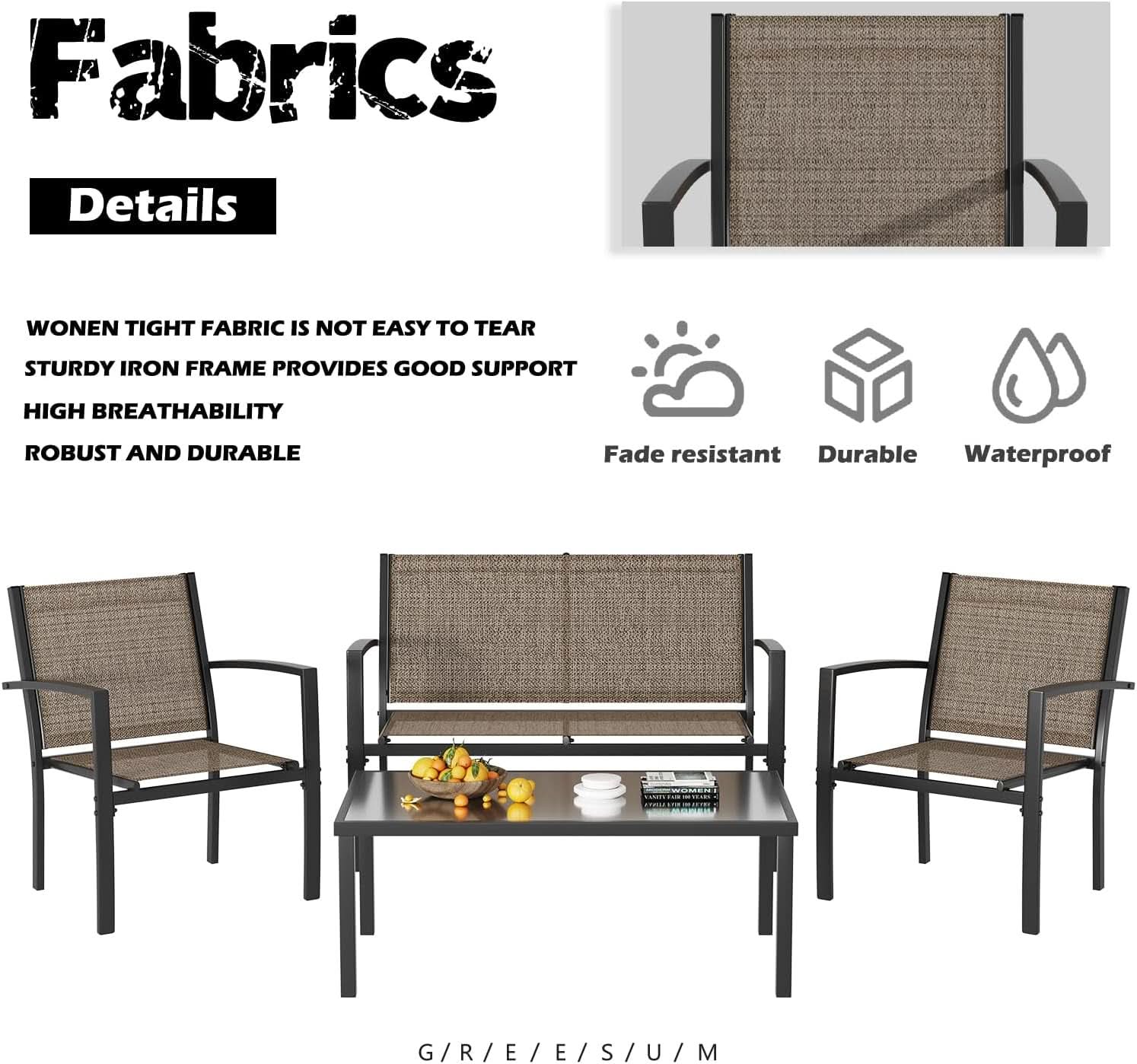 4 Piece Patio Furniture Set With Glass Coffee Table Brown