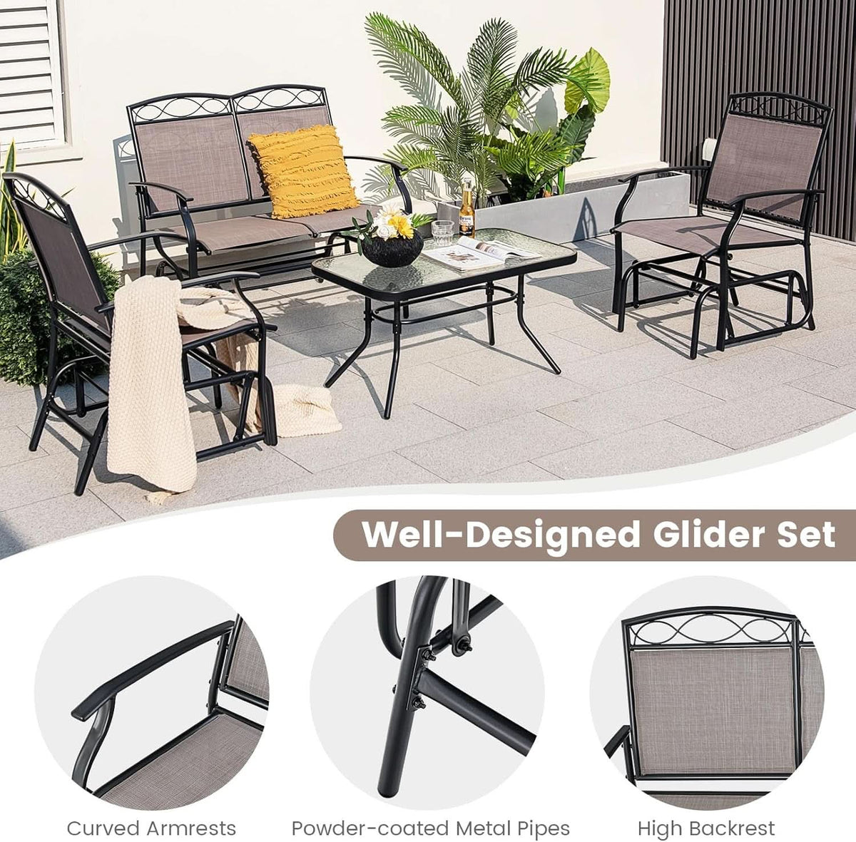 4 Piece Patio Glider Set With Gliding Loveseat Glass Table