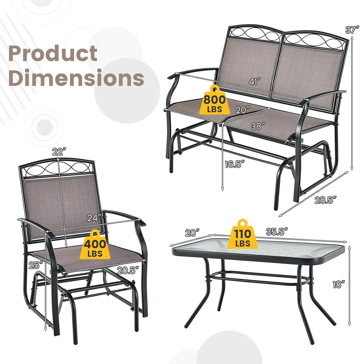 4 Piece Patio Glider Set With Gliding Loveseat Glass Table