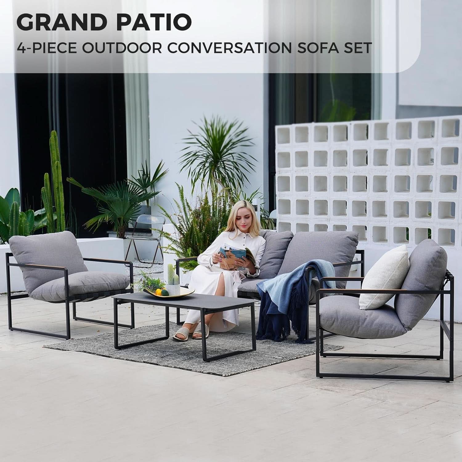 4 Piece Patio Outdoor Furniture Set With Modern Metal Sofa And Coffee Table