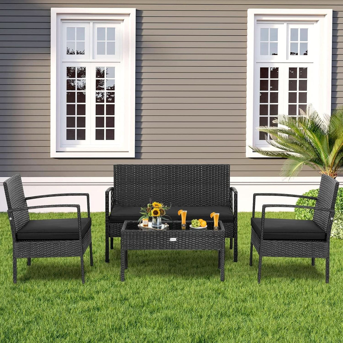 4 Piece Patio Rattan Conversation Set Glass Coffee Table