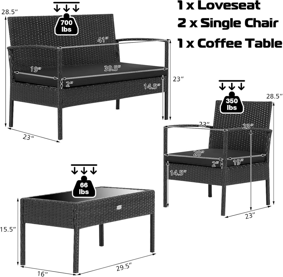 4 Piece Patio Rattan Conversation Set Glass Coffee Table