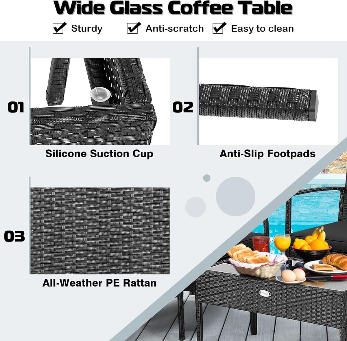 4 Piece Patio Rattan Conversation Set Glass Coffee Table