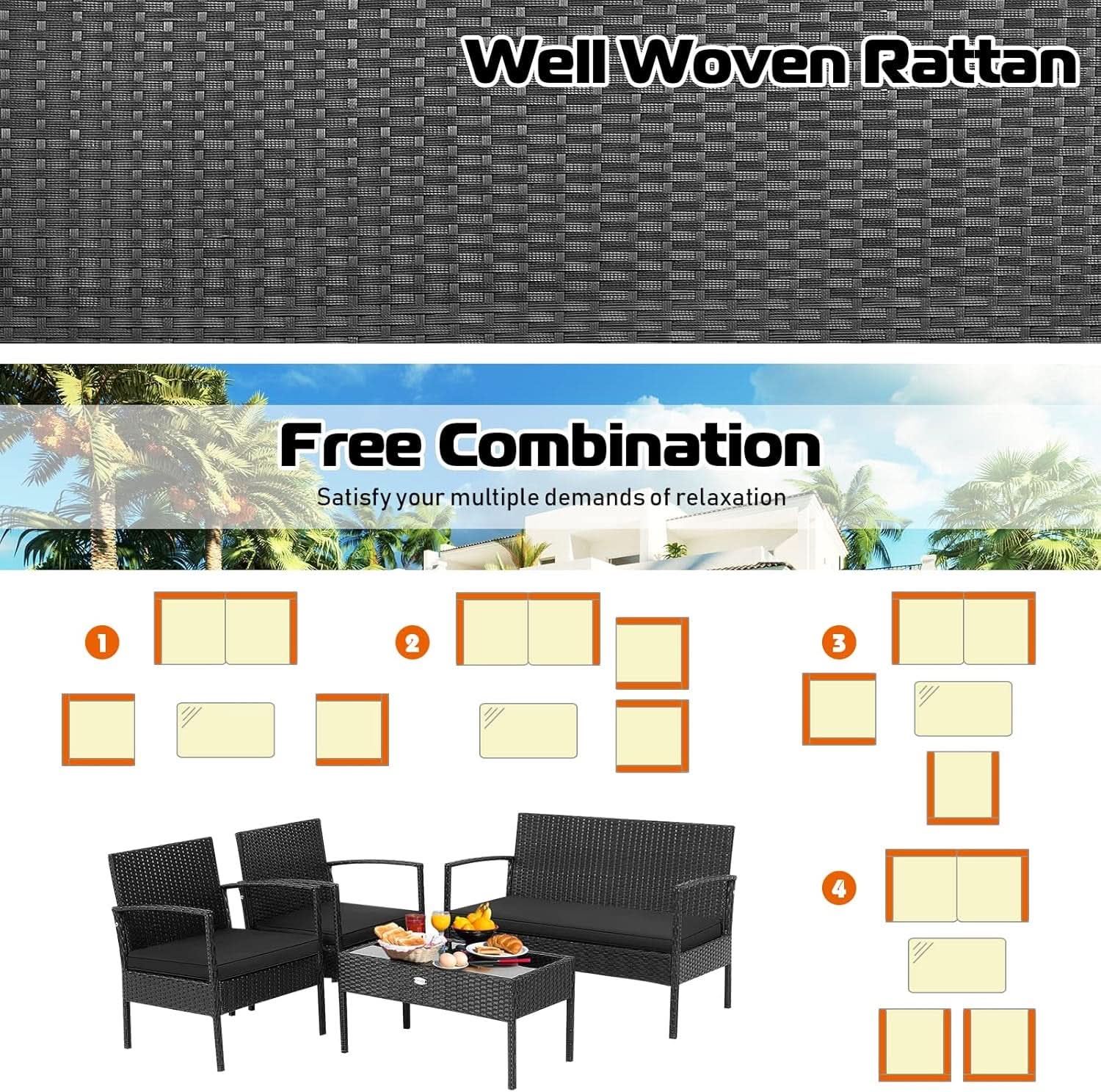 4 Piece Patio Rattan Conversation Set Glass Coffee Table