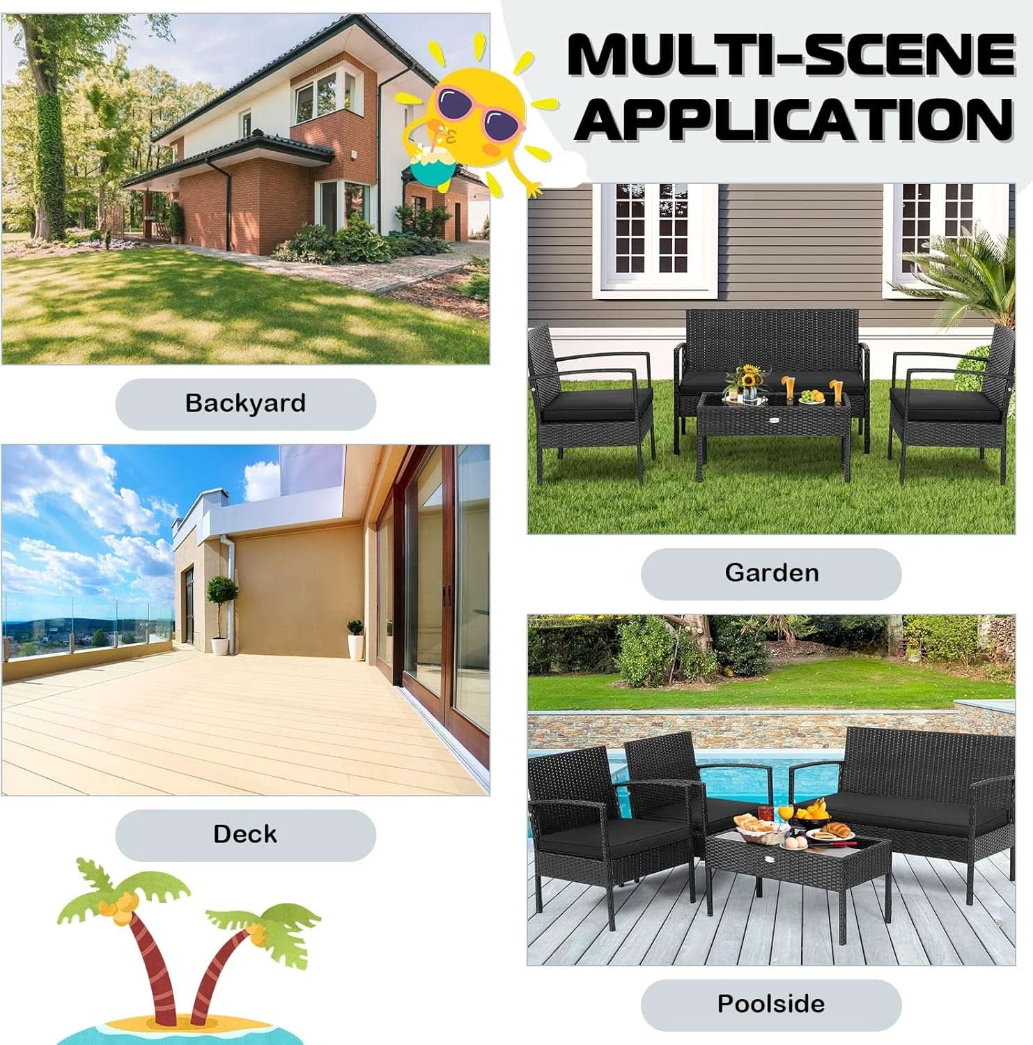 4 Piece Patio Rattan Conversation Set Glass Coffee Table