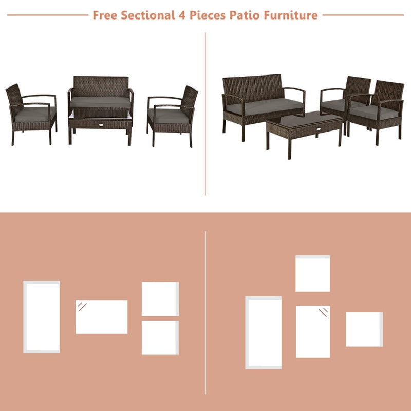 4-Piece Patio Rattan Cushioned Furniture Set With Table
