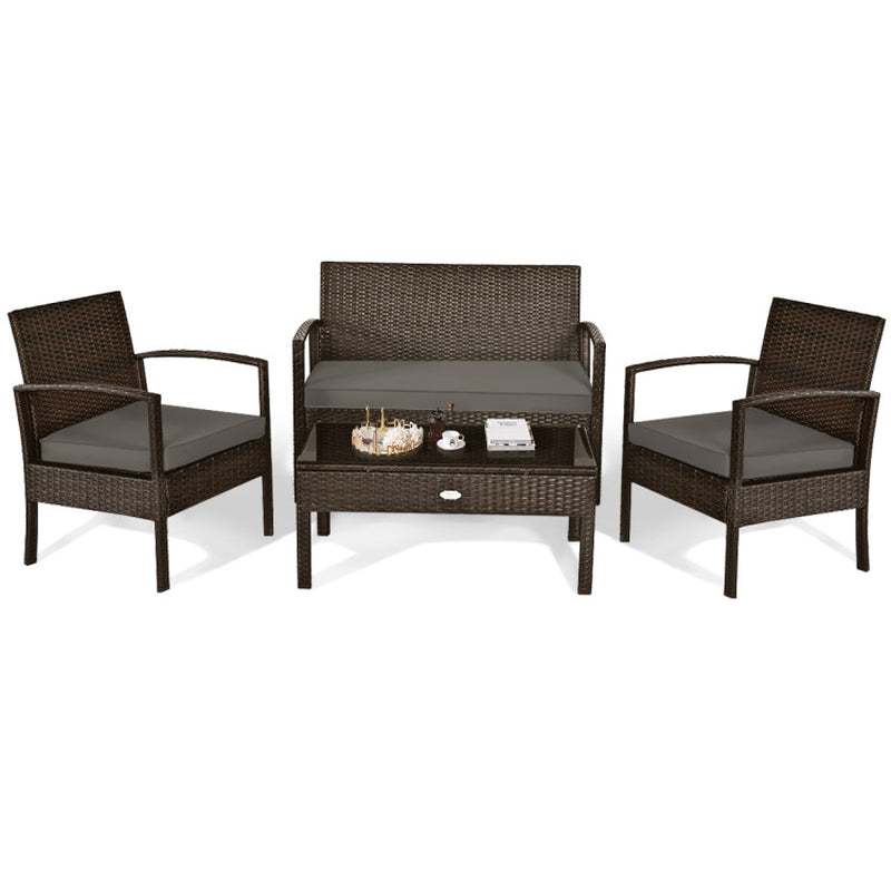 4-Piece Patio Rattan Cushioned Furniture Set With Table