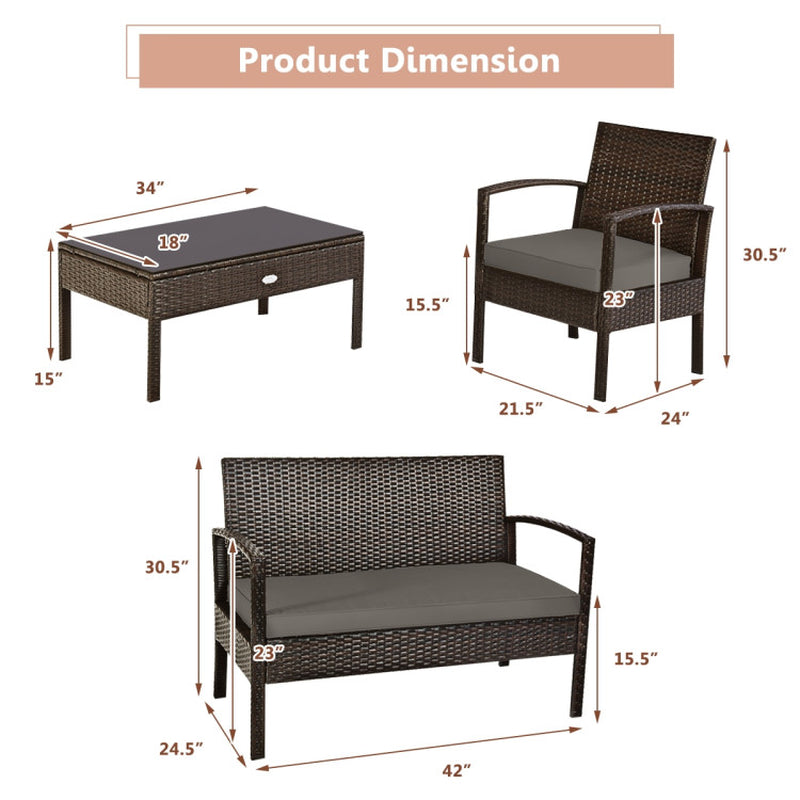 4-Piece Patio Rattan Cushioned Furniture Set With Table