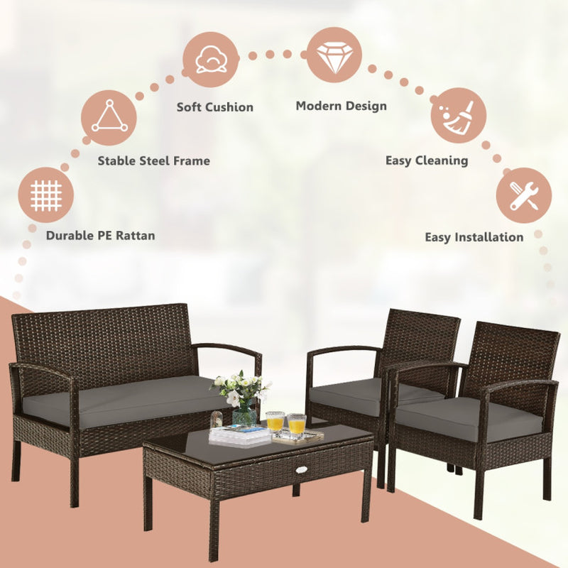 4-Piece Patio Rattan Cushioned Furniture Set With Table