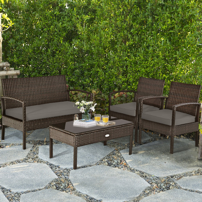 4-Piece Patio Rattan Cushioned Furniture Set With Table