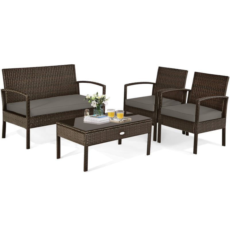 4-Piece Patio Rattan Cushioned Furniture Set With Table