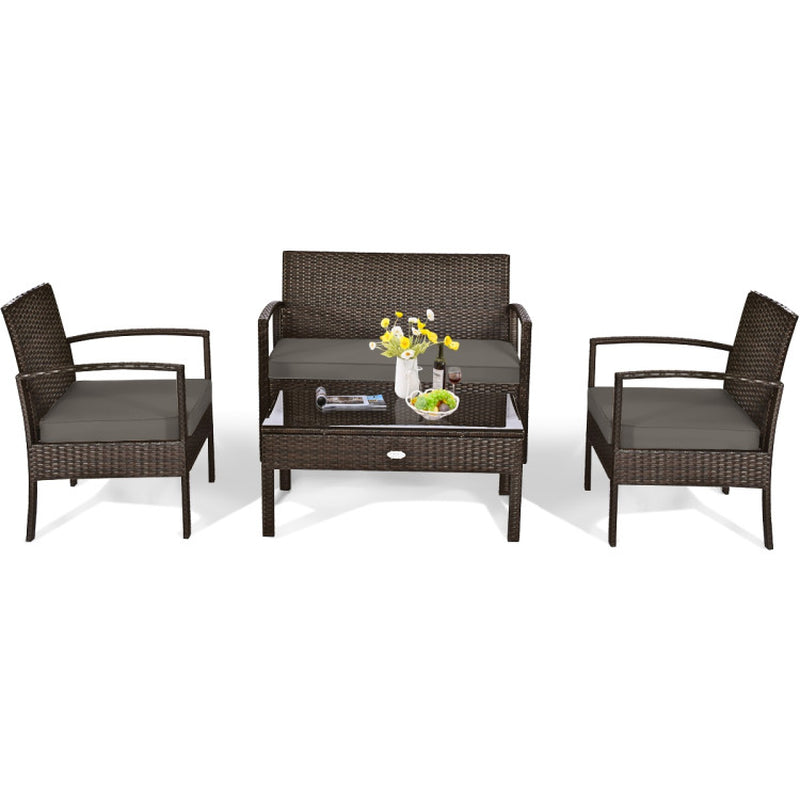 4-Piece Patio Rattan Cushioned Furniture Set With Table