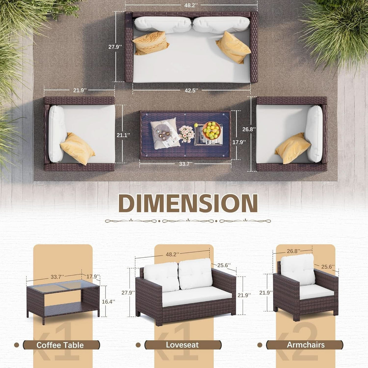 4 Piece Patio Rattan Furniture Set Beige Cushions Outdoor