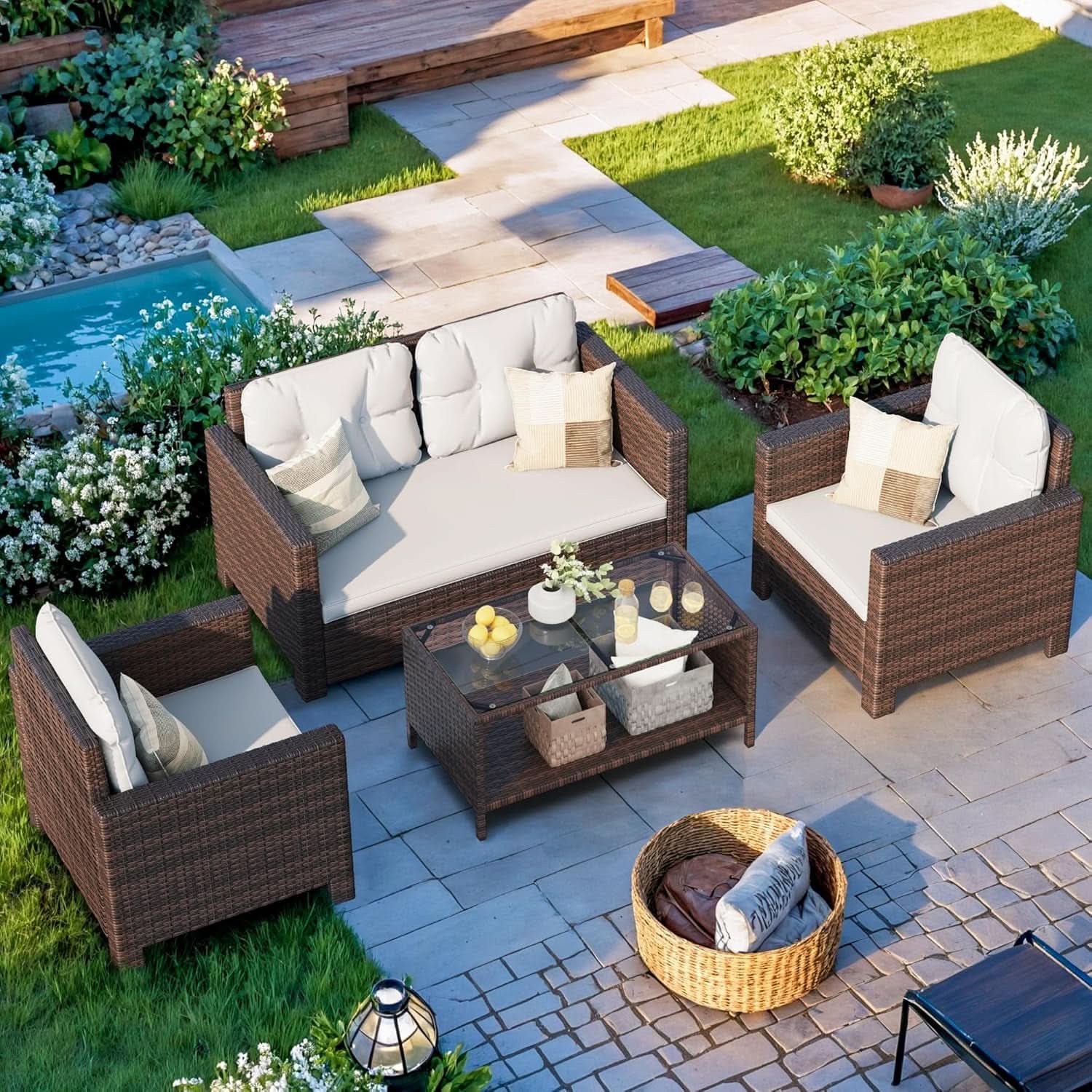 4 Piece Patio Rattan Furniture Set Beige Cushions Outdoor