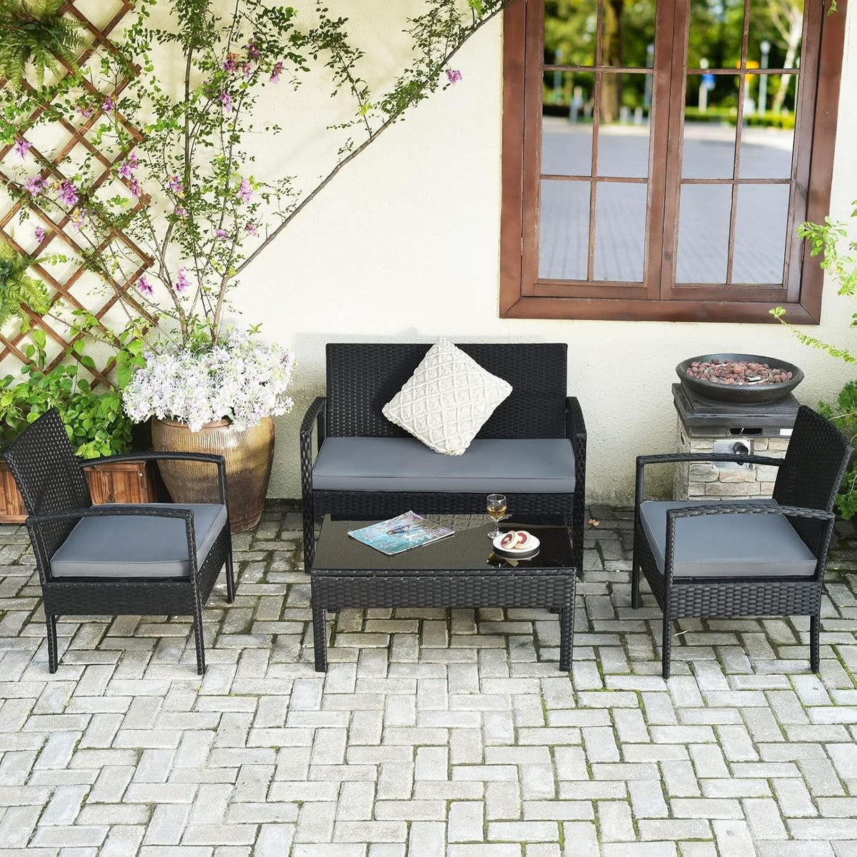 4 Piece Patio Rattan Furniture Set With Glass Coffee Table