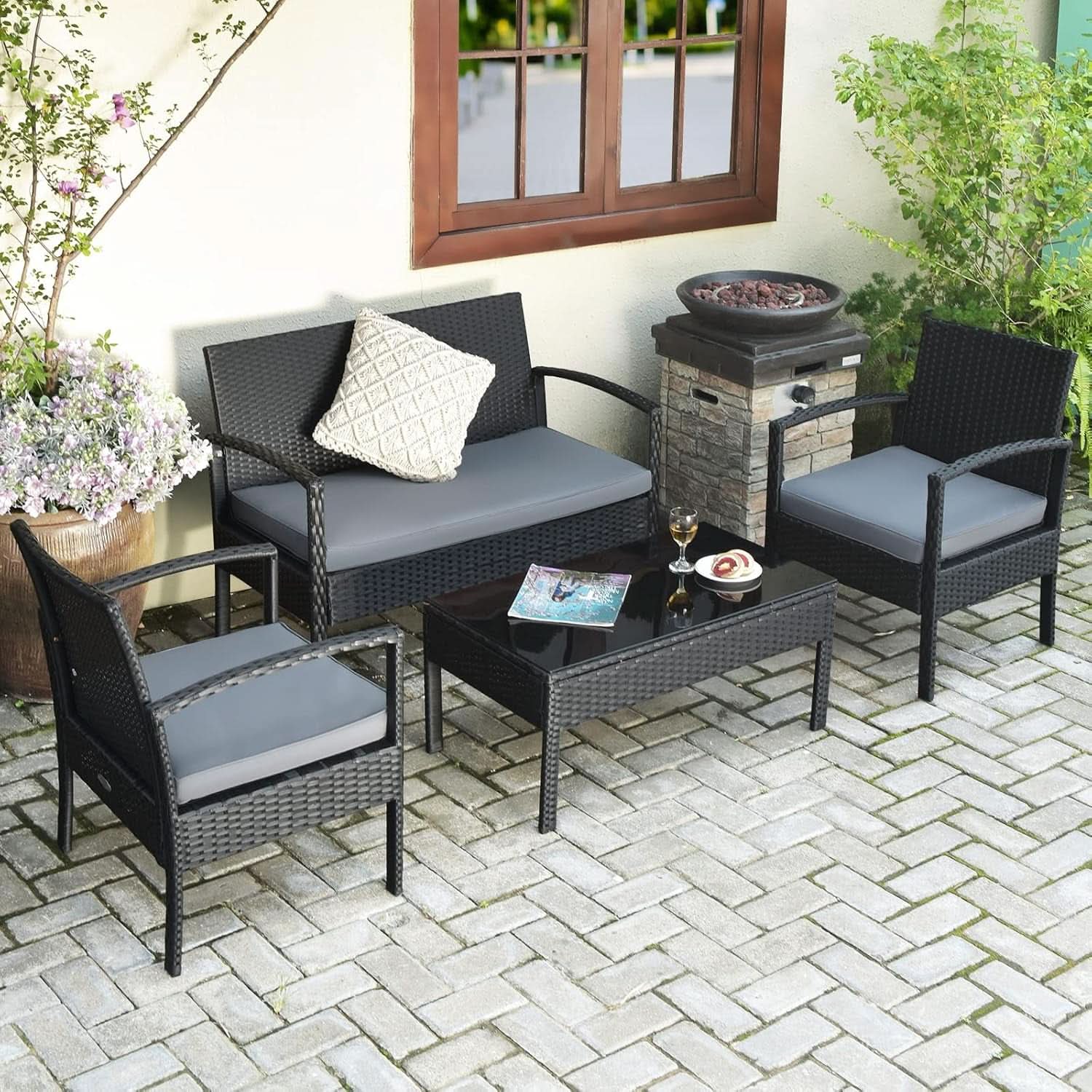 4 Piece Patio Rattan Furniture Set With Glass Coffee Table