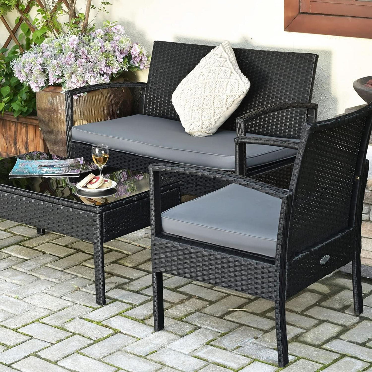 4 Piece Patio Rattan Furniture Set With Glass Coffee Table