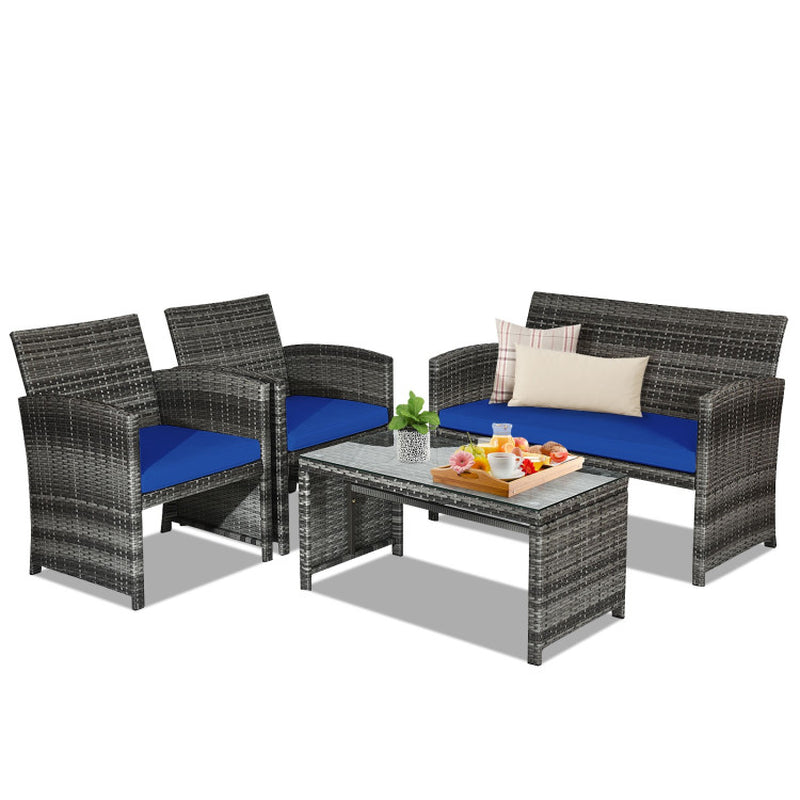 4 Piece Patio Rattan Furniture Set With Glass Table
