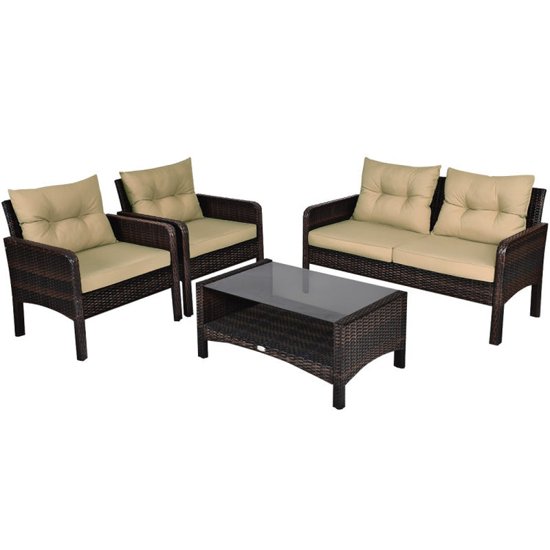 4 Piece Patio Rattan Sofa Set With Cushions Coffee Table