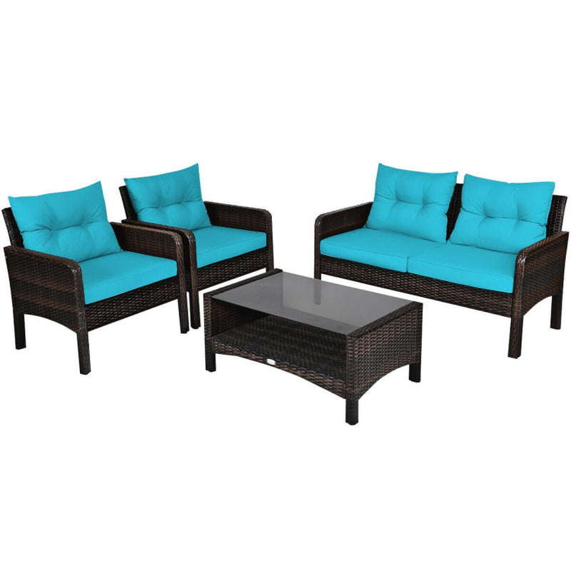 4 Piece Patio Rattan Sofa Set With Cushions Coffee Table