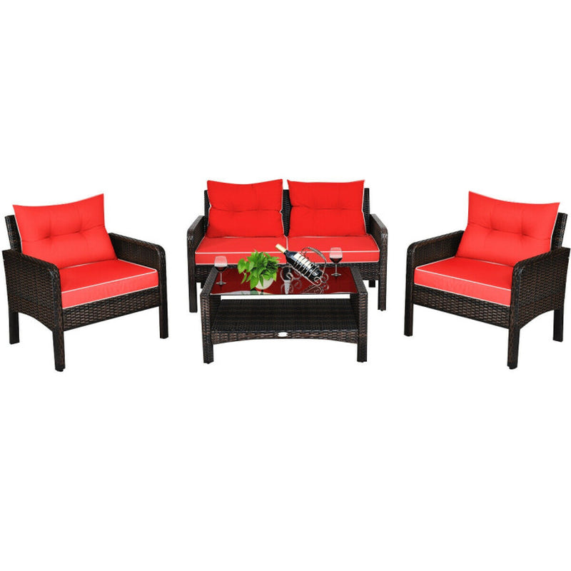 4 Piece Patio Rattan Sofa Set With Cushions Coffee Table