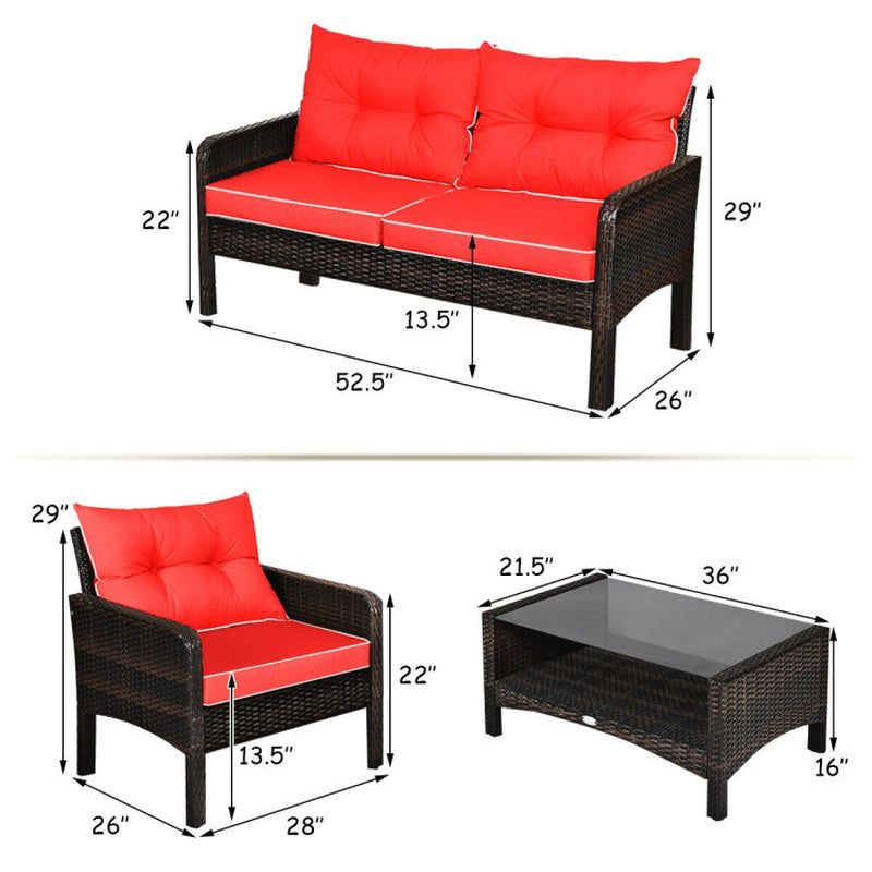 4 Piece Patio Rattan Sofa Set With Cushions Coffee Table