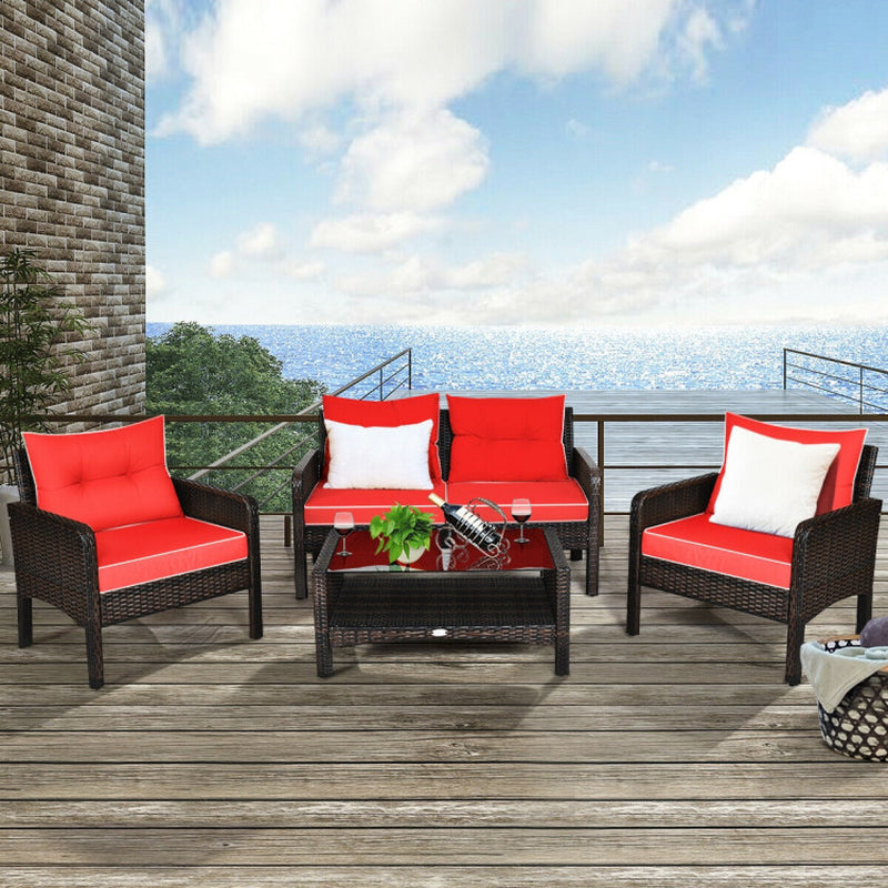 4 Piece Patio Rattan Sofa Set With Cushions Coffee Table