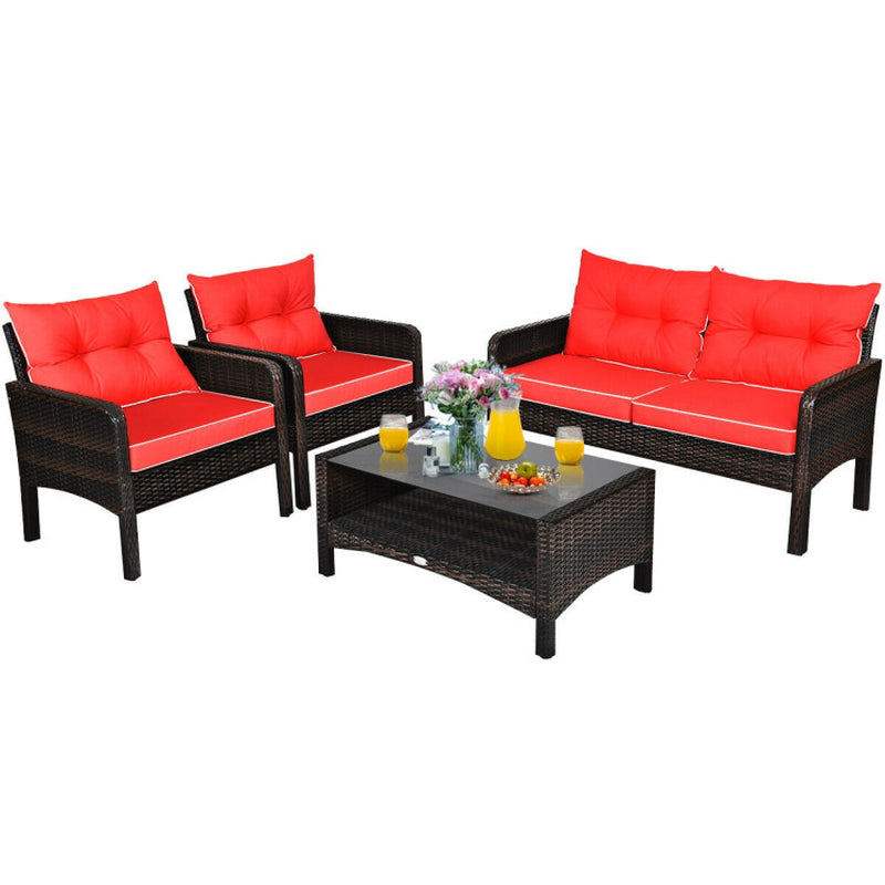 4 Piece Patio Rattan Sofa Set With Cushions Coffee Table