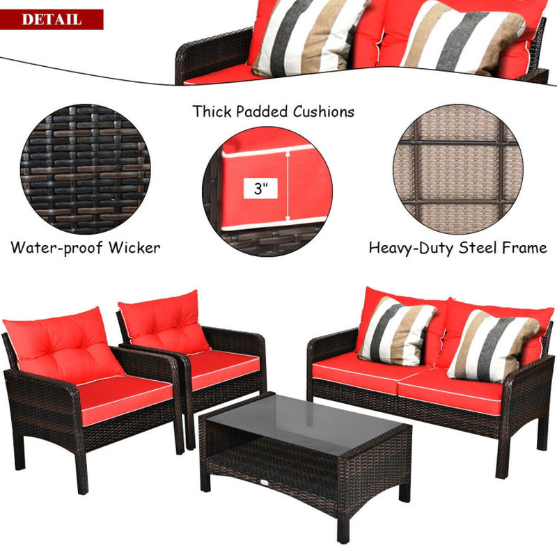 4 Piece Patio Rattan Sofa Set With Cushions Coffee Table