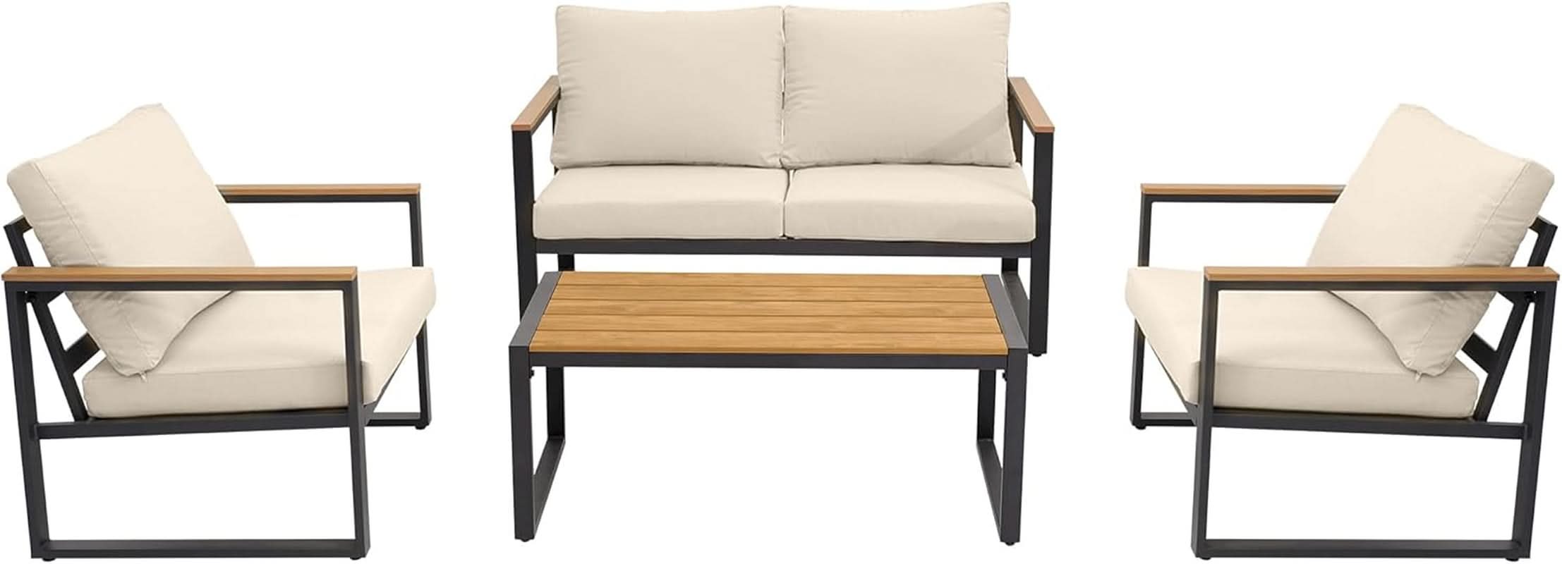 4 Piece Patio Set With Coffee Table Beige Metal Frames And Washable Cushions