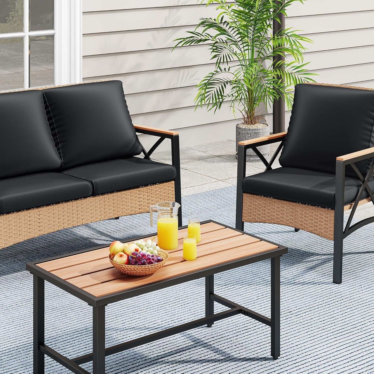 4 Piece Patio Wicker Set With Wood Armrests Light Brown And Black